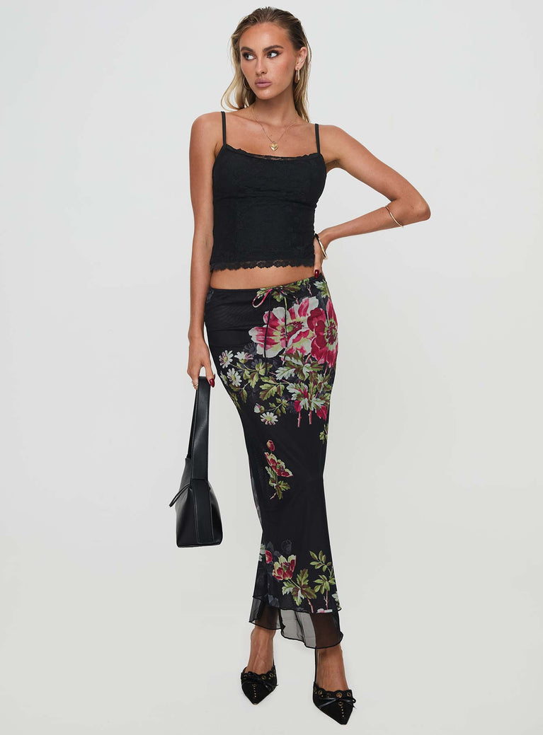   front view of model wearing Princess Polly Paganio Maxi Skirt Black Floral Maxi 