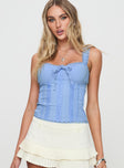 front view of model wearing Princess Polly Stellah Top Blue Sleeveless Sweetheart 