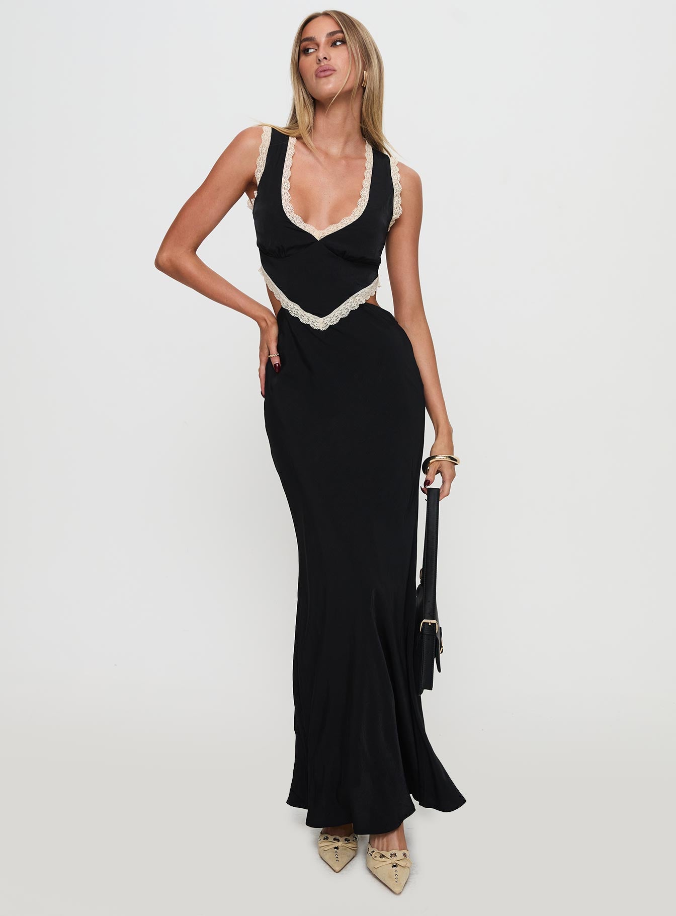 Keila Lace Trim Maxi Dress Black / Cream | Princess Polly Keila Lace Trim Maxi Dress Black / Cream | Princess Polly