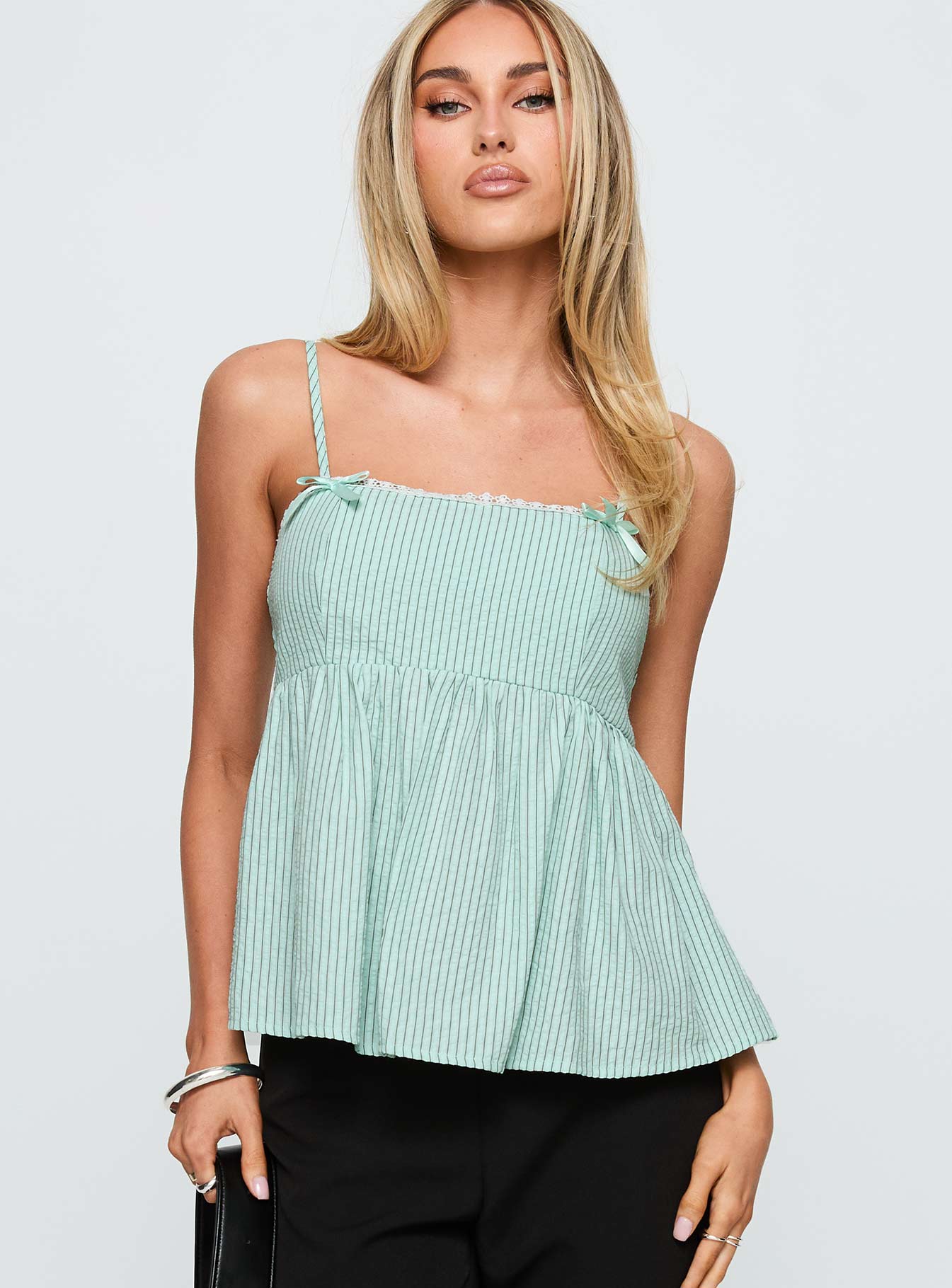 front view of model wearing Princess Polly Peace Of Mind Top Green Stripe Sleeveless Square Neck 