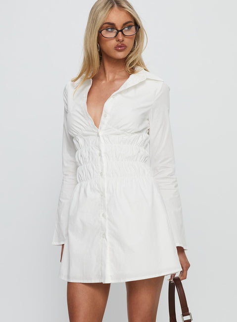 long sleeve ruched white dress Women's Cream Mesh Long Sleeve High Neck Ruched Maxi Dress