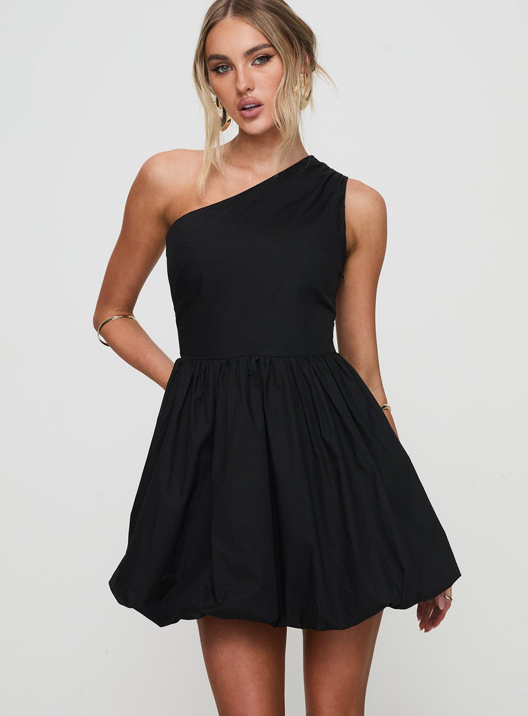 front view of model wearing Princess Polly Debut Bubble Hem Mini Dress Black Asymmetric Neckline 