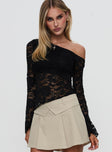 front view of model wearing Princess Polly Soffie Off Shoulder Lace Long Sleeve Top Black Full Sleeves Asymmetric Neckline 