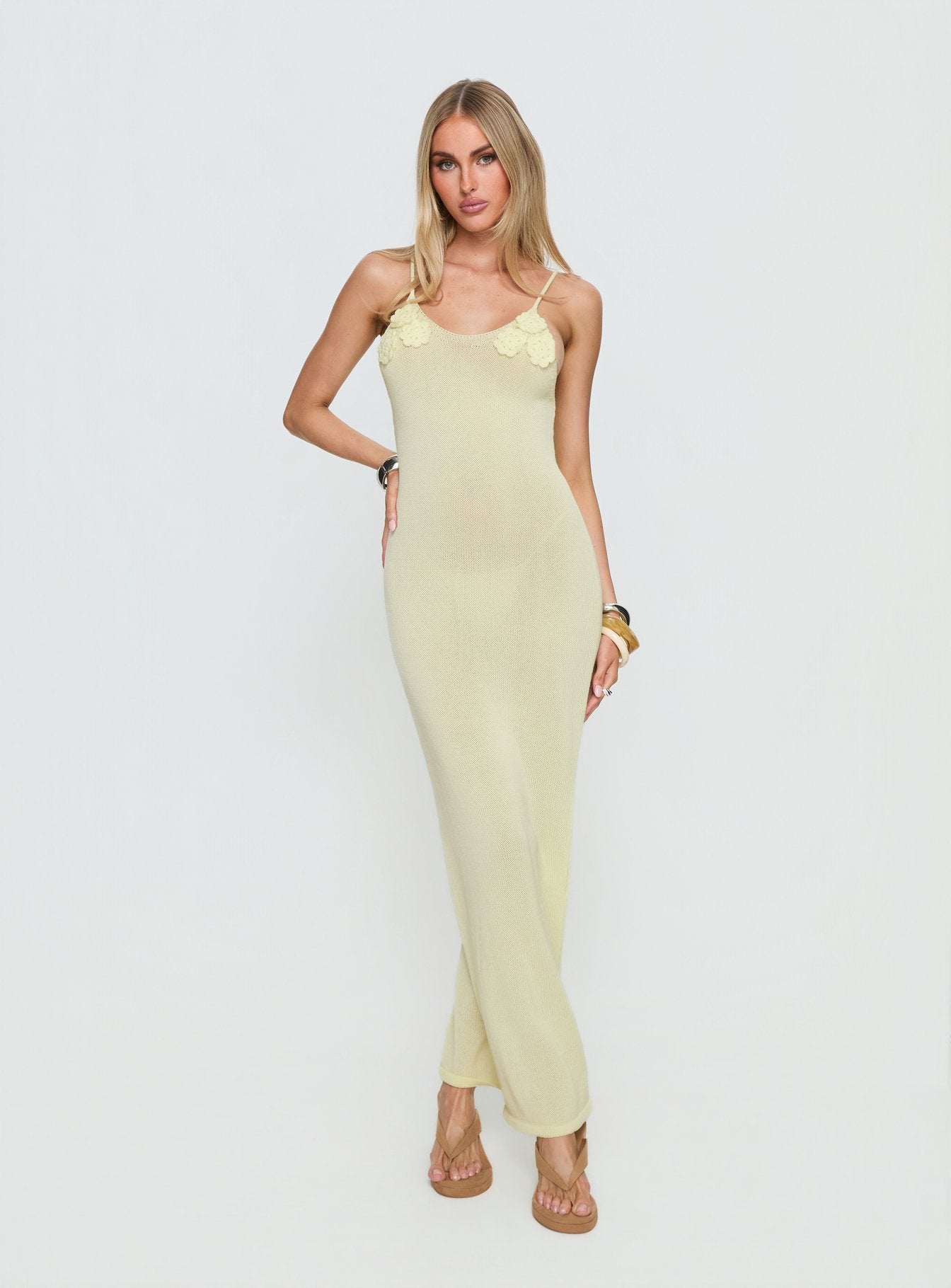 Princess Polly Women's Cinderella Floral Detail Knit Midi Dress - Yellow
