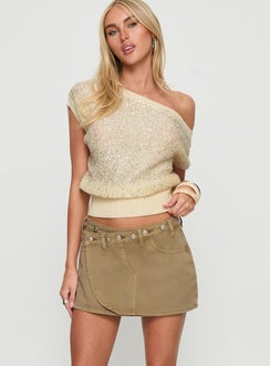   front view of model wearing Princess Polly Katlynne Button Detail Mini Skirt Washed Beige Mini Skirts 