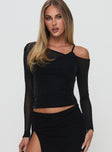 front view of model wearing Princess Polly Amarante Top Black Full Sleeves Asymmetric Neckline 