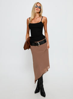   front view of model wearing Princess Polly Suella Asymmetrical Midi Skirt Brown Polka Dot Midi Skirts 