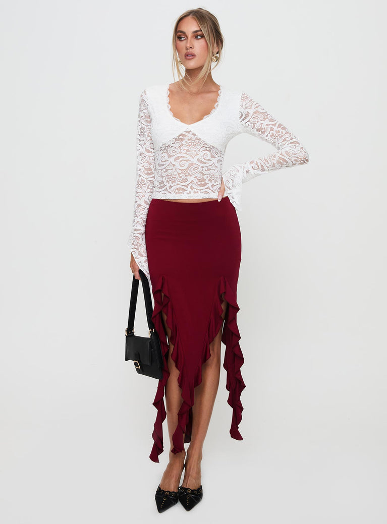   front view of model wearing Princess Polly Peachey Asymmetric Ruffle Midi Skirt Burgundy Midi Skirts 