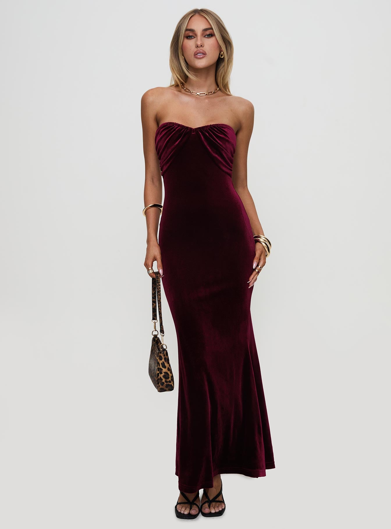 front view of model wearing Princess Polly Irena Strapless Maxi Dress Burgundy Sweetheart Neckline 