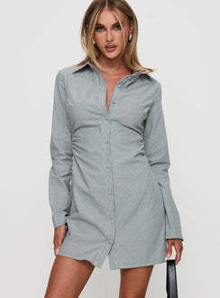 front view of model wearing Princess Polly Publicity Long Sleeve Mini Dress Blue Pinstripe V-Neck 