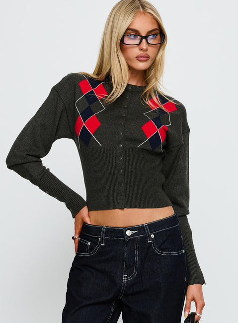 front view of model wearing Princess Polly Head In The Clouds Knit Cardigan Grey Argyle cropped 