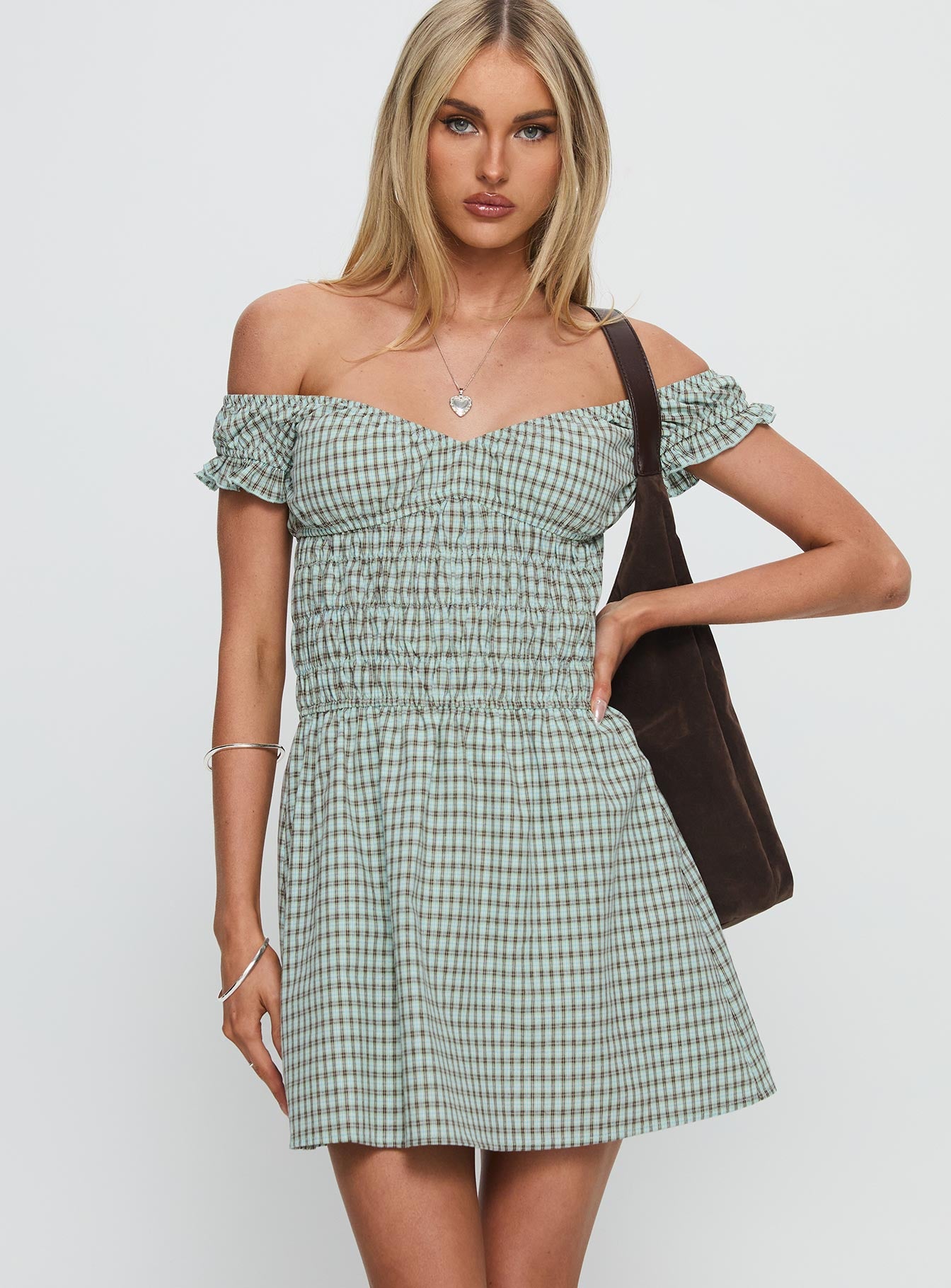 Olwen Ruched Romper Green Check | Princess Polly