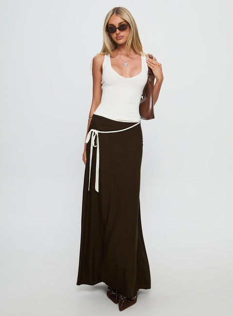   side view of model wearing Princess Polly Keirah Contrast Wrap Maxi Skirt Chocolate / White Maxi 