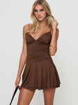 side view of model wearing Princess Polly Andersson Mini Dress Chocolate Sweetheart Neckline 