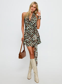 Brissa Halter Wrap Mini Dress Brown Multi