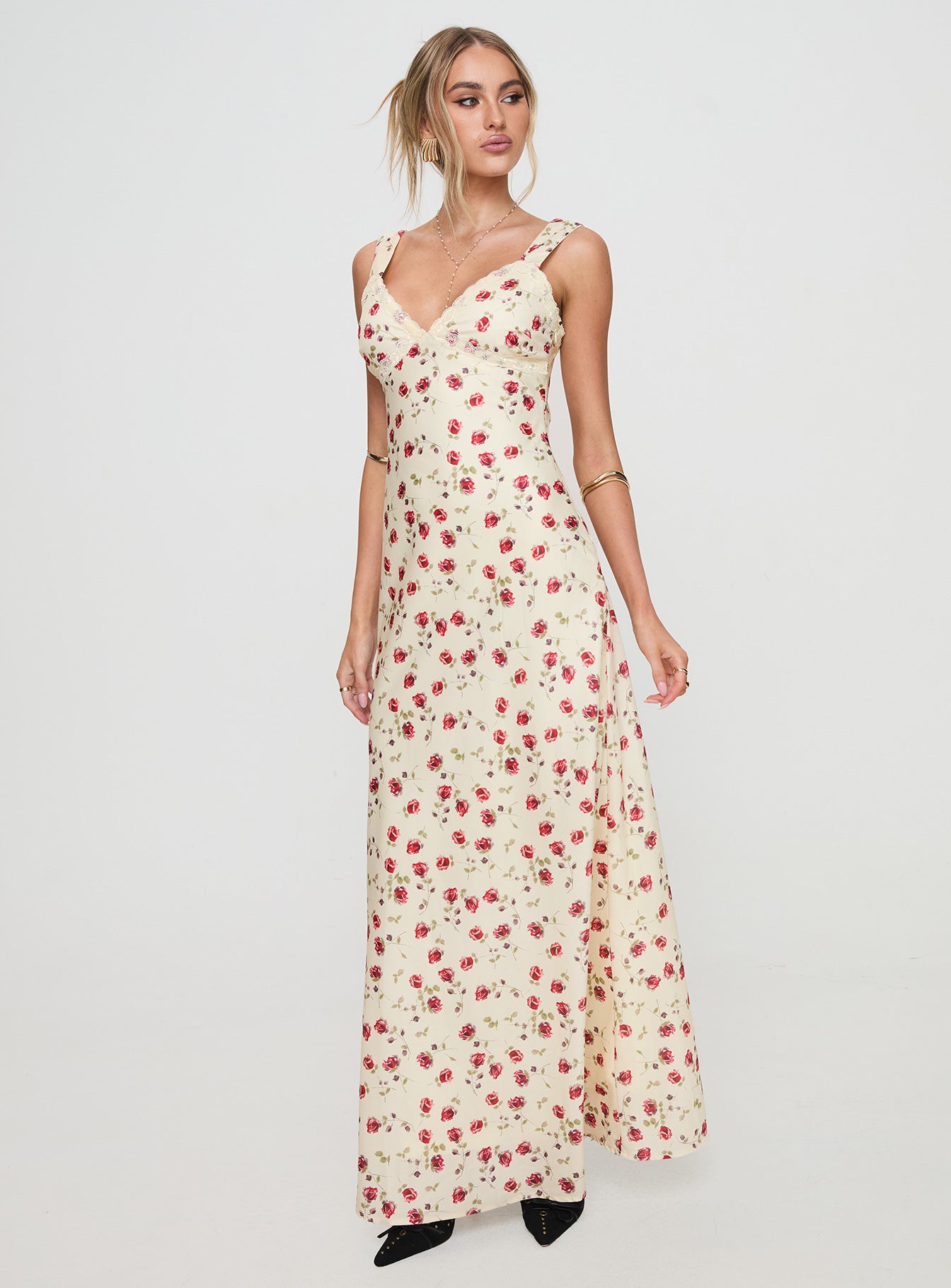 side view of model wearing Princess Polly Verona Maxi Dress Multi V-Neck 