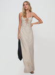 front view of model wearing Princess Polly Seraphia Maxi Dress Beige Sweetheart Neckline 