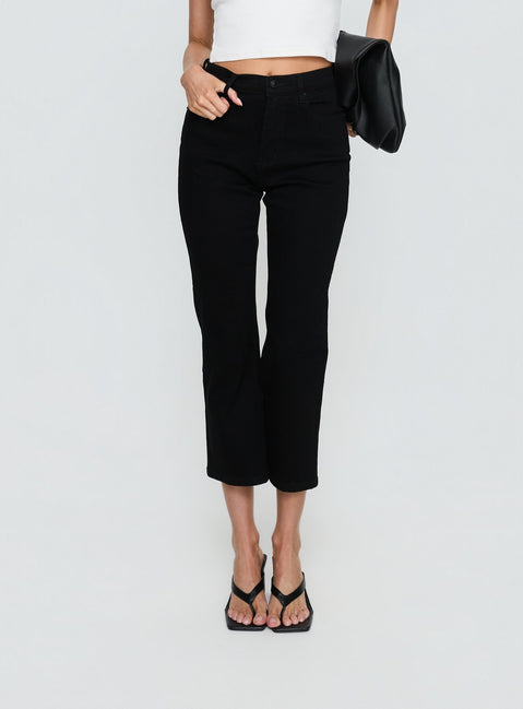 back view of model wearing Princess Polly Cindee High Rise Cropped Jeans Jet Black High Rise Jeans 