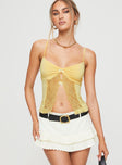 front view of model wearing Princess Polly Marcio Lace Top Yellow Sleeveless V-Neck 