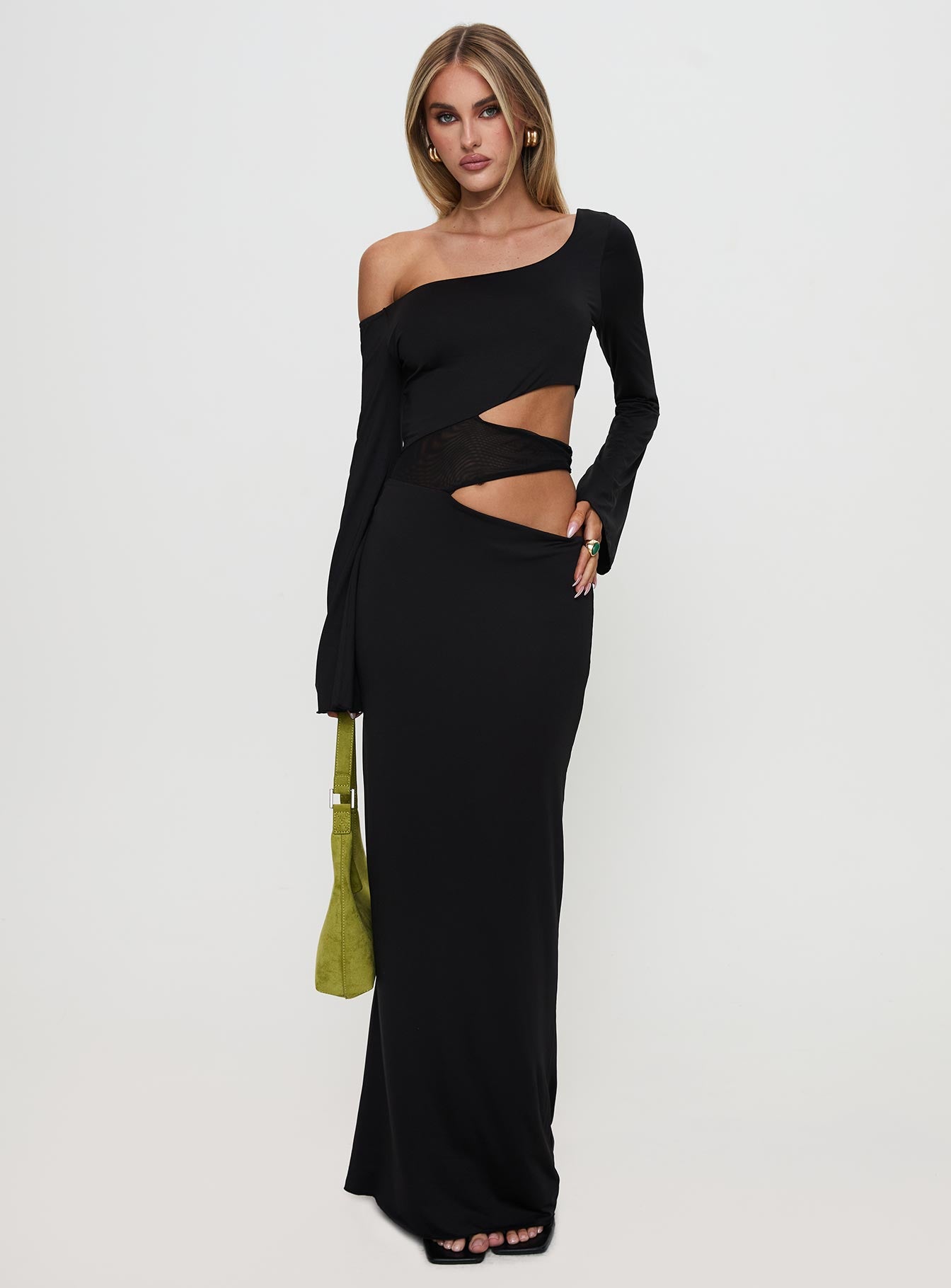 front view of model wearing Princess Polly Kazimier Long Sleeve Maxi Dress Black Asymmetric Neckline 