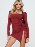 front view of model wearing Princess Polly Caprani Long Sleeve Mini Dress Burgundy Square Neck 