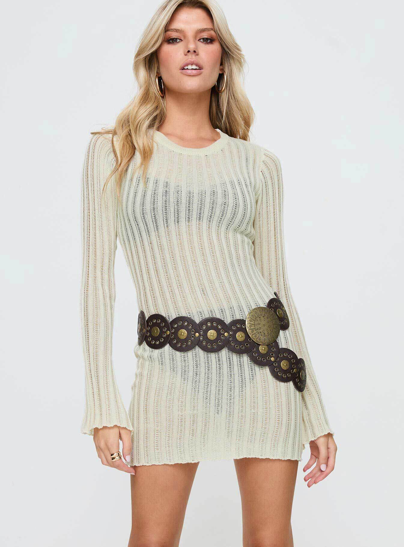 front view of model wearing Princess Polly Primmie Long Sleeve Mini Dress Cream Crew Neck 