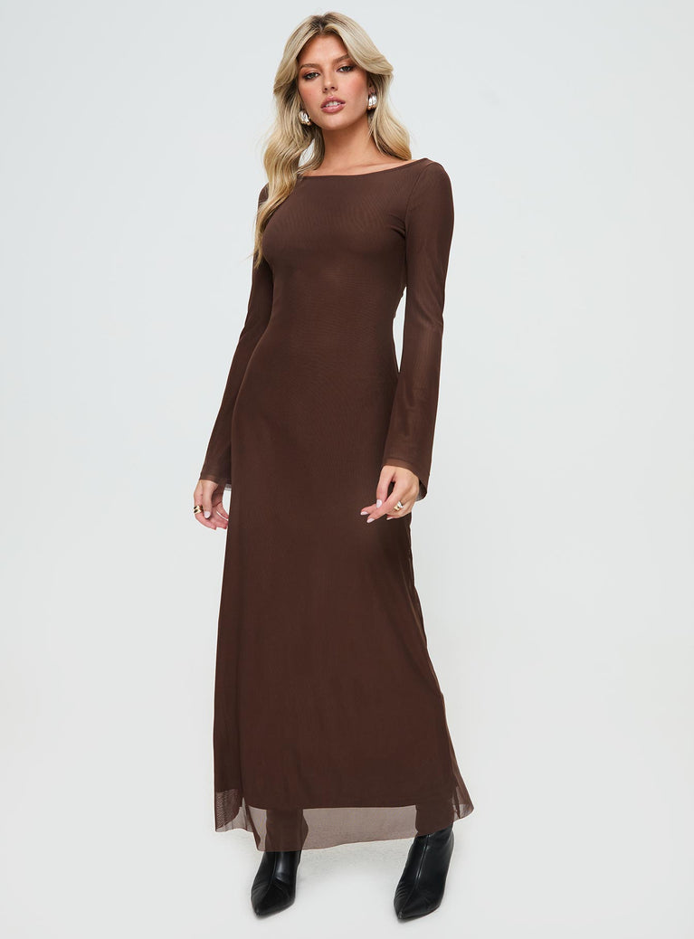 front view of model wearing Princess Polly Lukea Maxi Dress Chocolate 