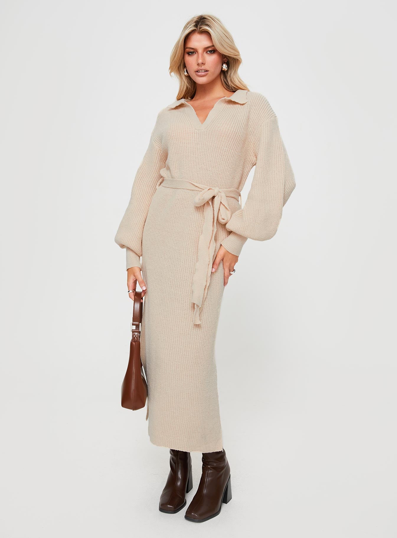 Beige long sleeve maxi dress best sale