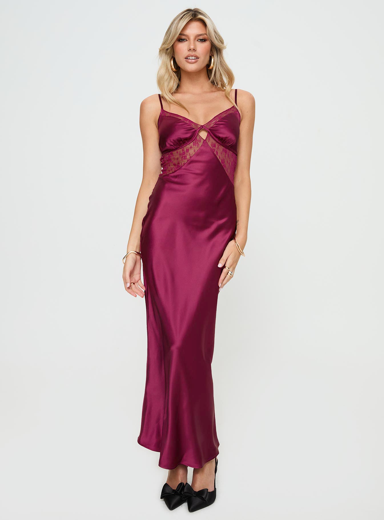 front view of model wearing Princess Polly Birchwood Maxi Dress Wine Plunger 