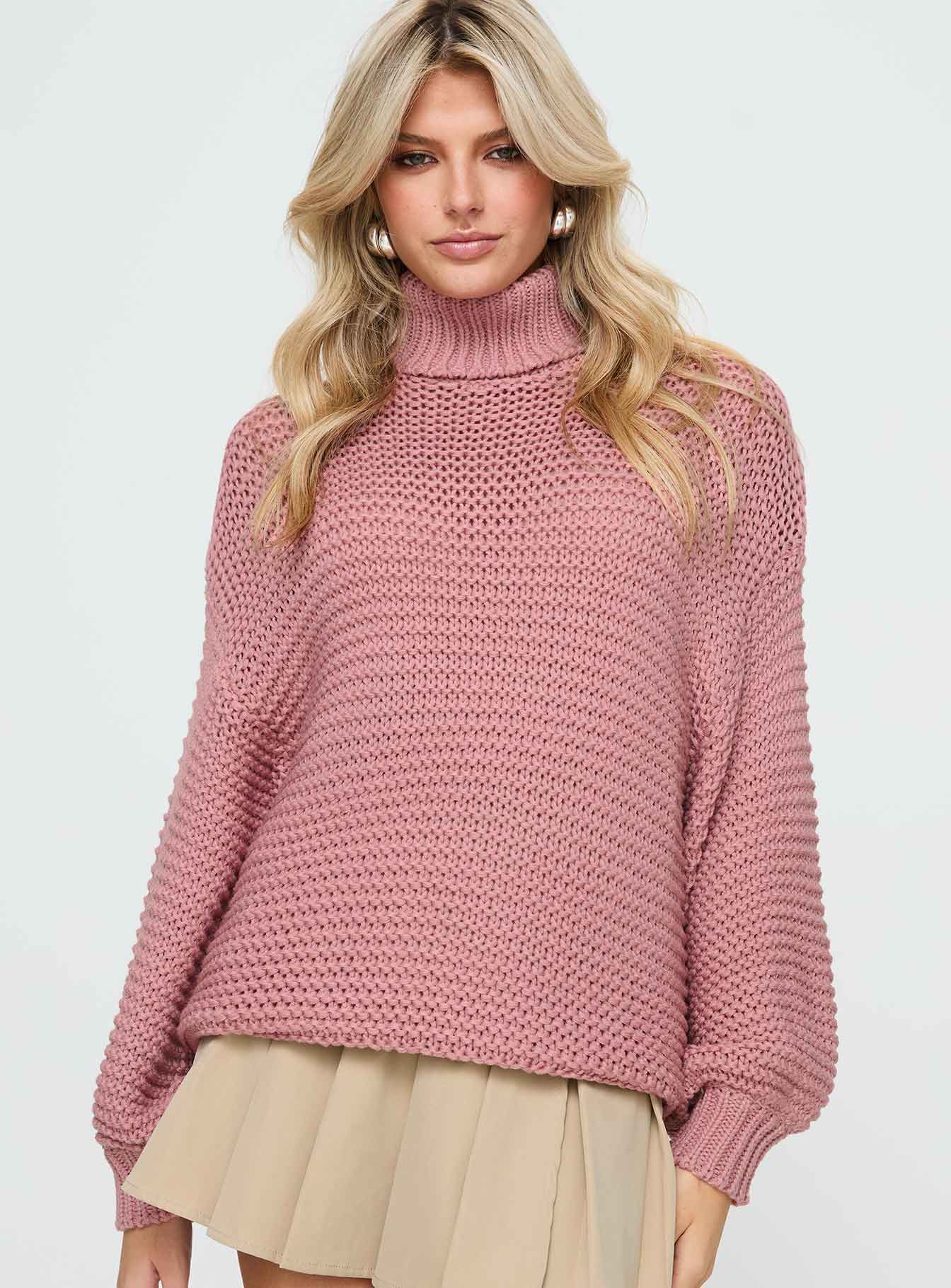 front view of model wearing Princess Polly Hayworth Turtle Neck Sweater Pink Long 