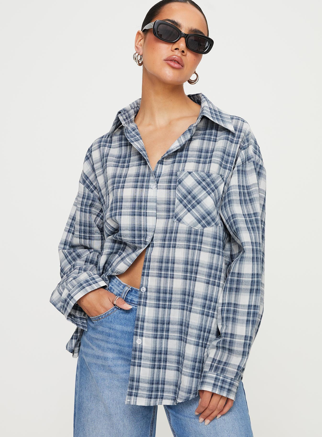 product Princess Polly Full Sleeves Crew Neck  Seymour Shirt Blue Check