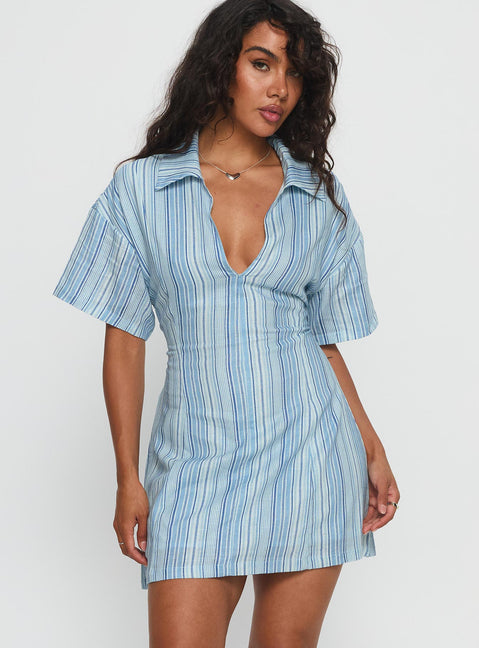 blue and white linen dress Greek Archaic Kori Midi Linen dress in Blue White Stripes lightweight 100% European Linen Fit &