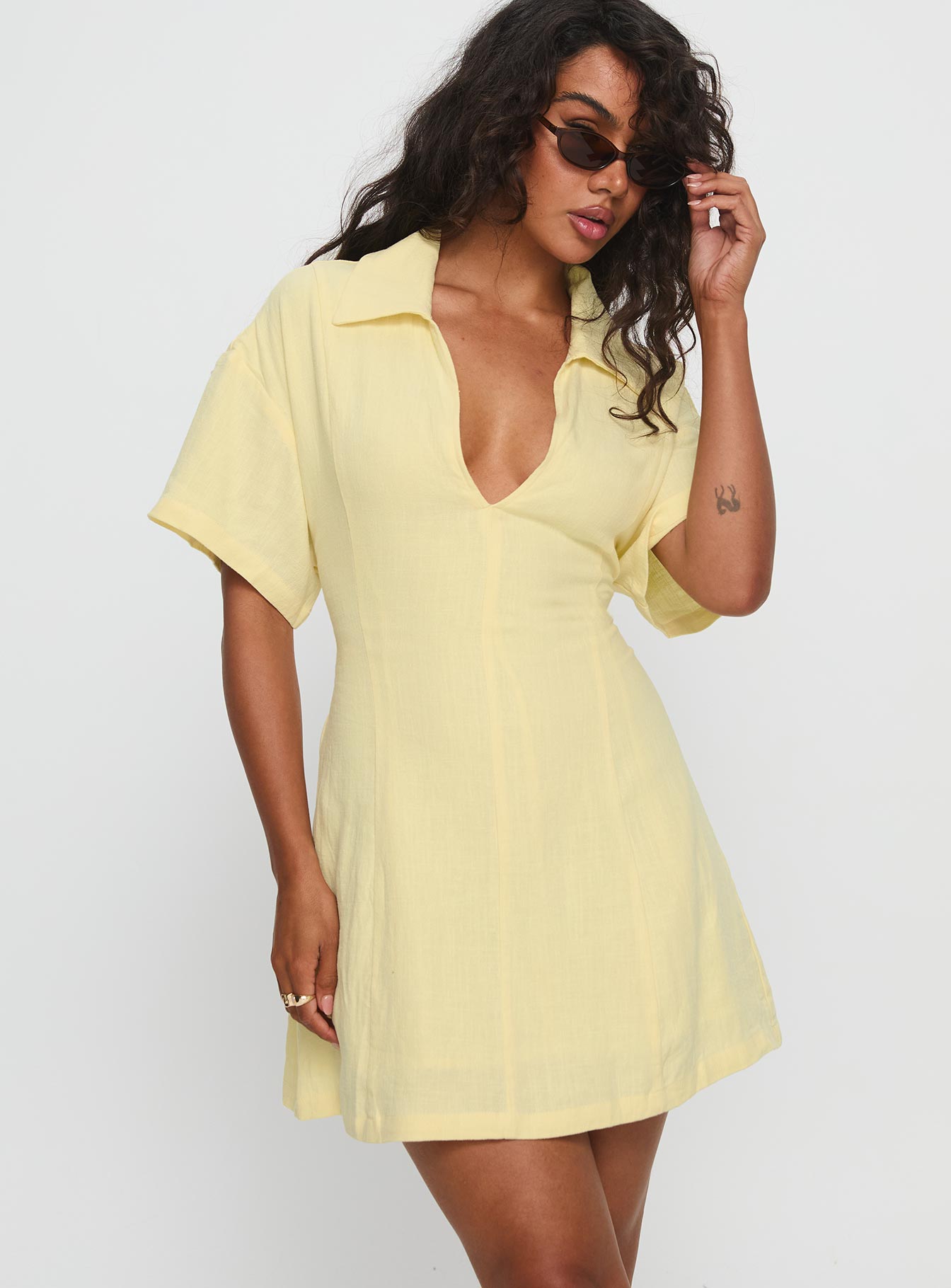 Wylla V Neck Linen Mini Dress Yellow | Princess Polly Wylla V Neck Linen Mini Dress Yellow | Princess Polly