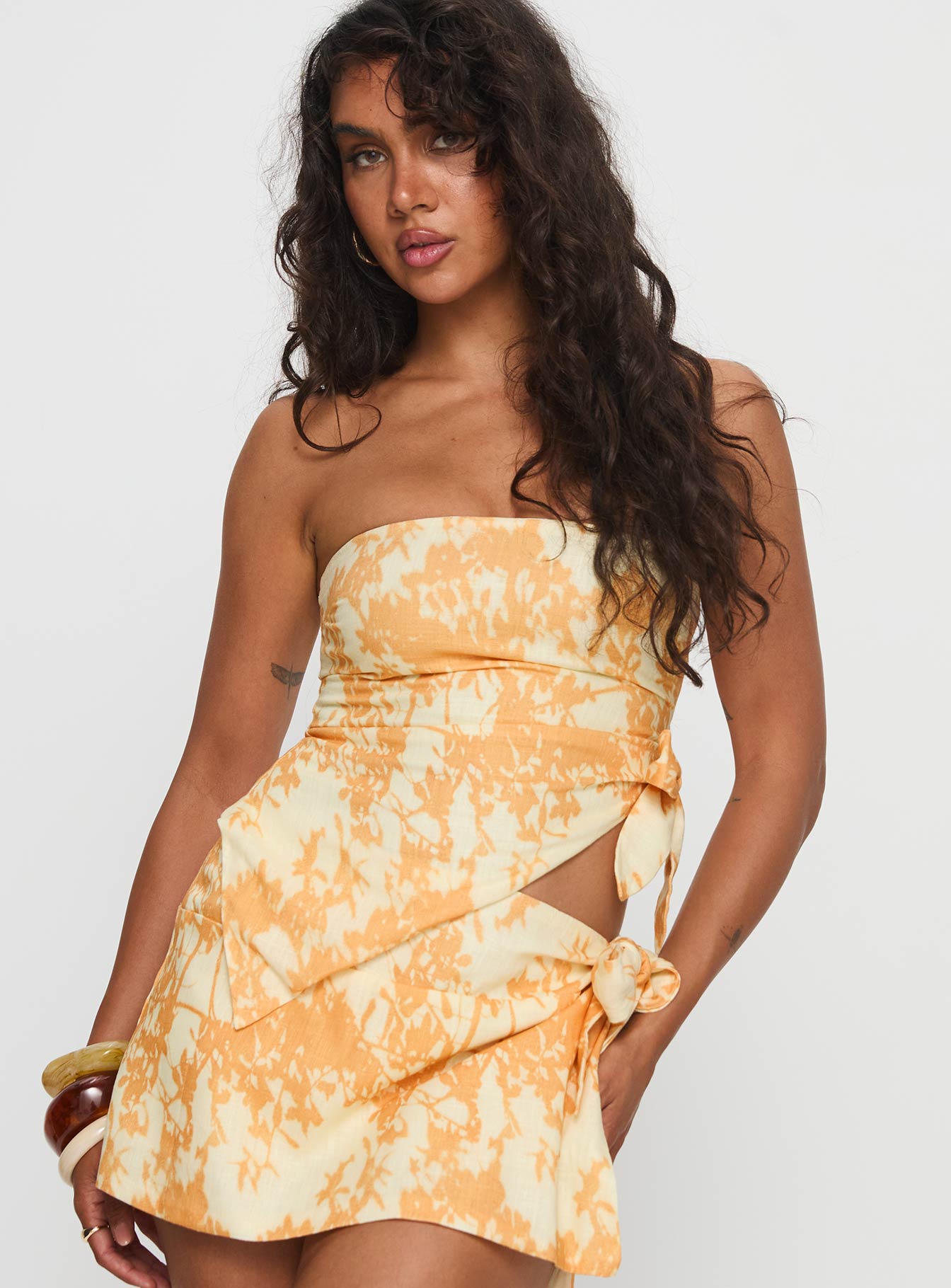 High Vibration Strapless Wrap Top Orange Multi