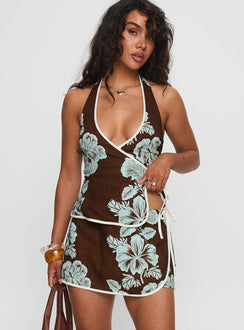 Anyah Halter Wrap Top Brown / Blue
