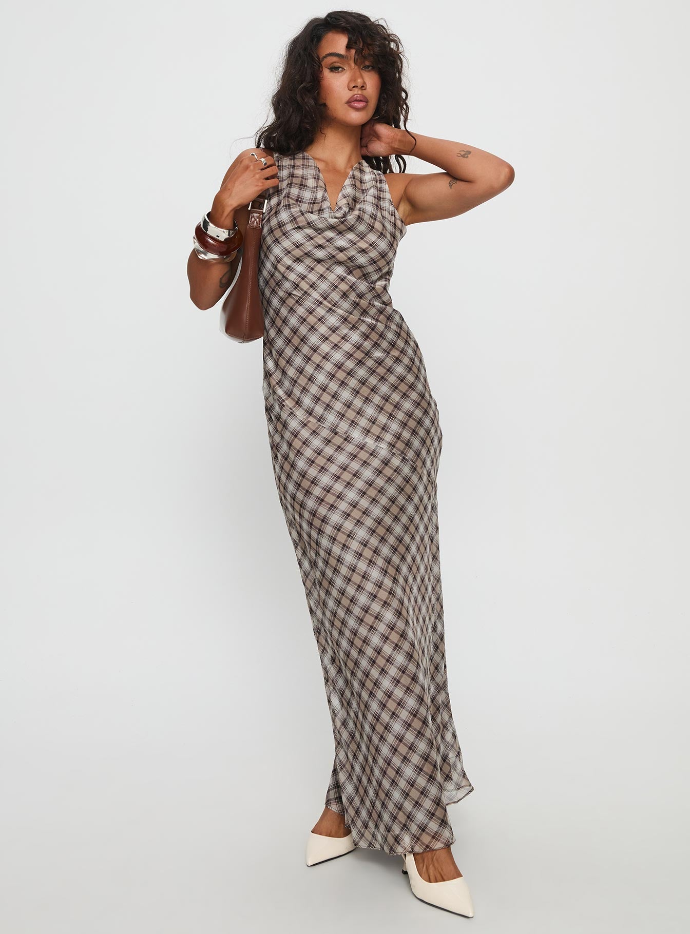 Veida Cowl Neck Maxi Dress Brown Check