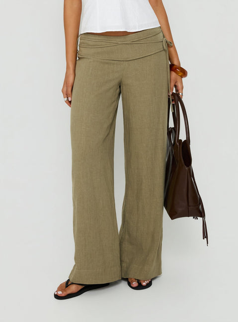 Silver Moon Linen Blend Tie Pants Olive Green