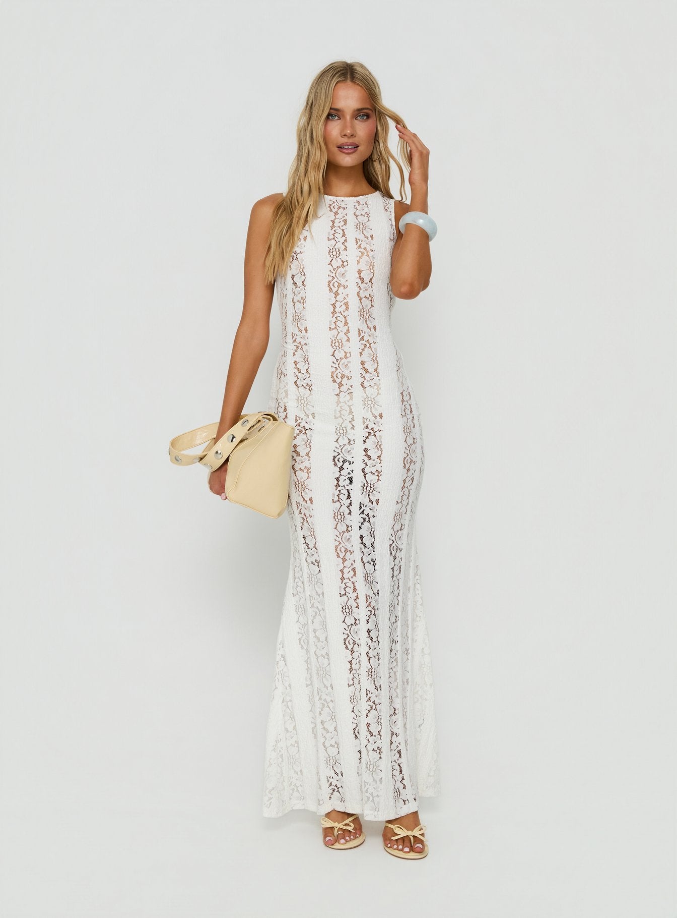 Laurenza Sheer Lace Maxi Dress | Off White | Womens