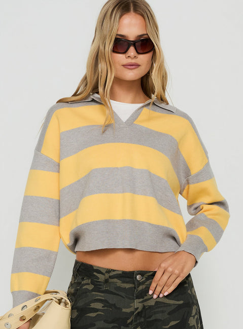 Novara Knit Cropped Rugby Jersey Grey / Yellow Stripe