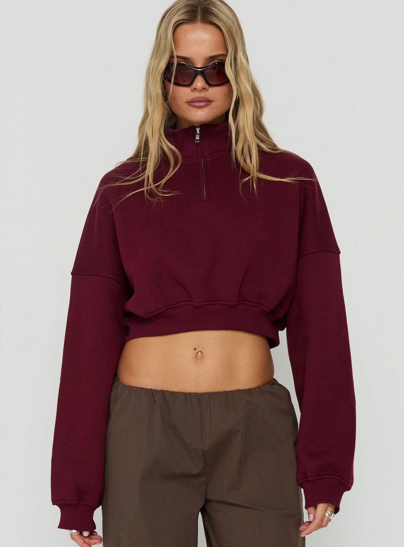 Astridd 3/4 Zip Cropped Jumper Cherry