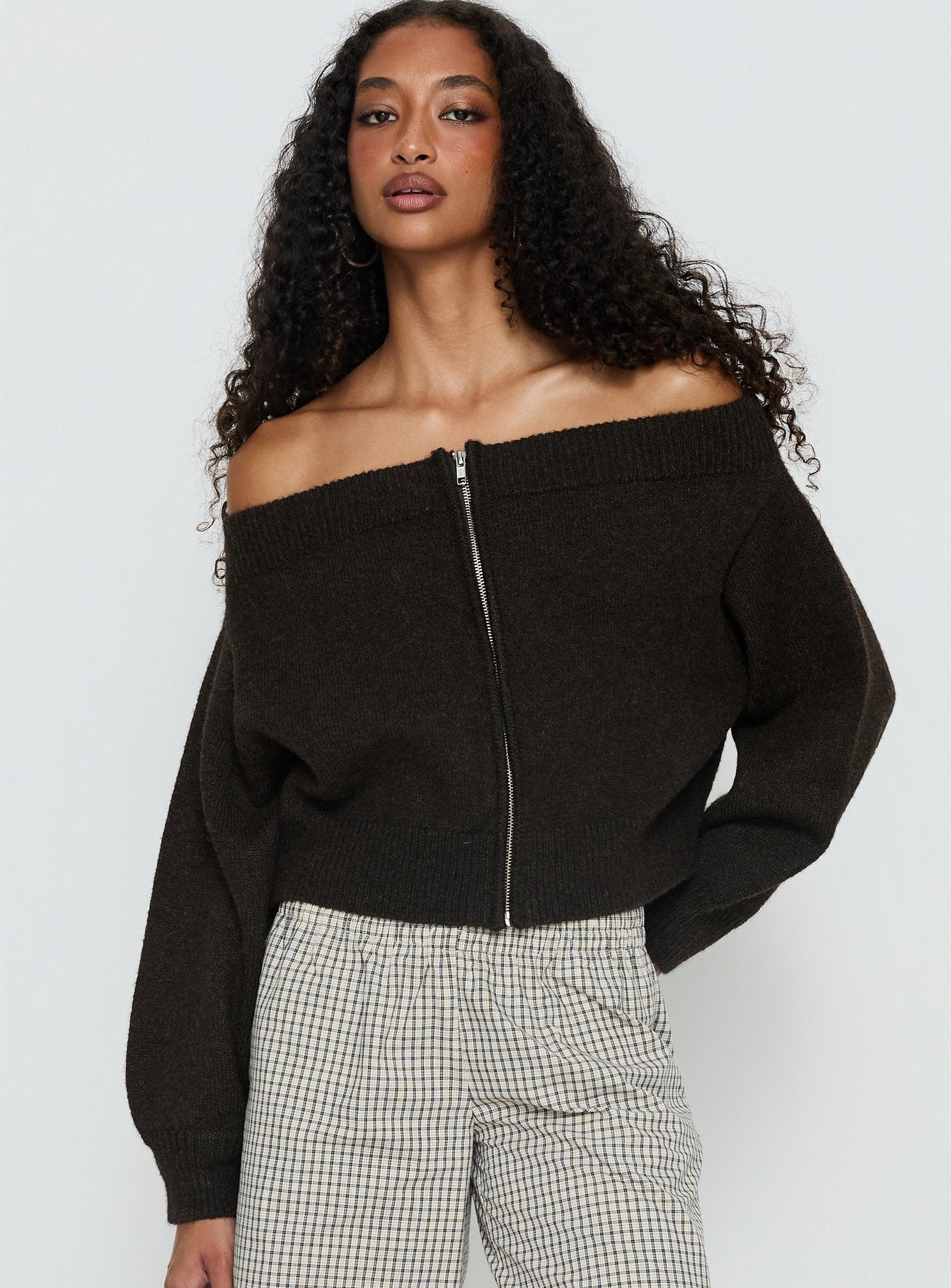 front view of model wearing Princess Polly Ortensa Off Shoulder Zip Through Jumper Brown 