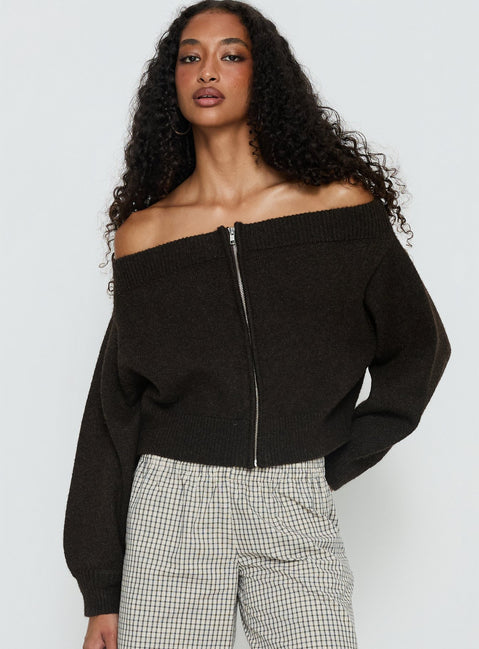 front view of model wearing Princess Polly Ortensa Off Shoulder Zip Through Jumper Brown 