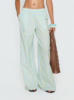 front view of model wearing Princess Polly Talyssa Elasticated Waist Pants Blue Stripe Mid Rise Pants 