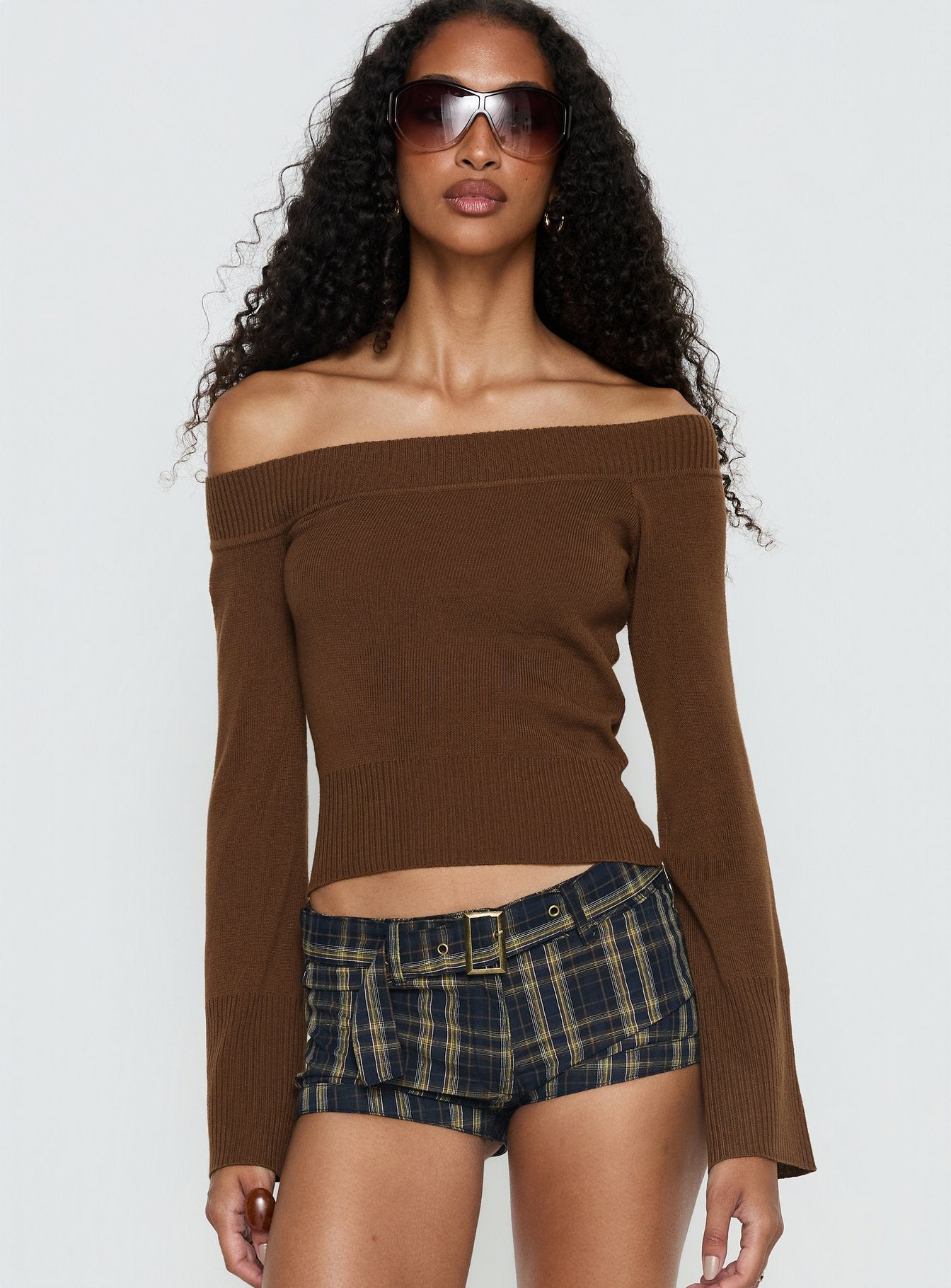 Perrey Long Sleeve Off Shoulder Top Brown | Princess Polly