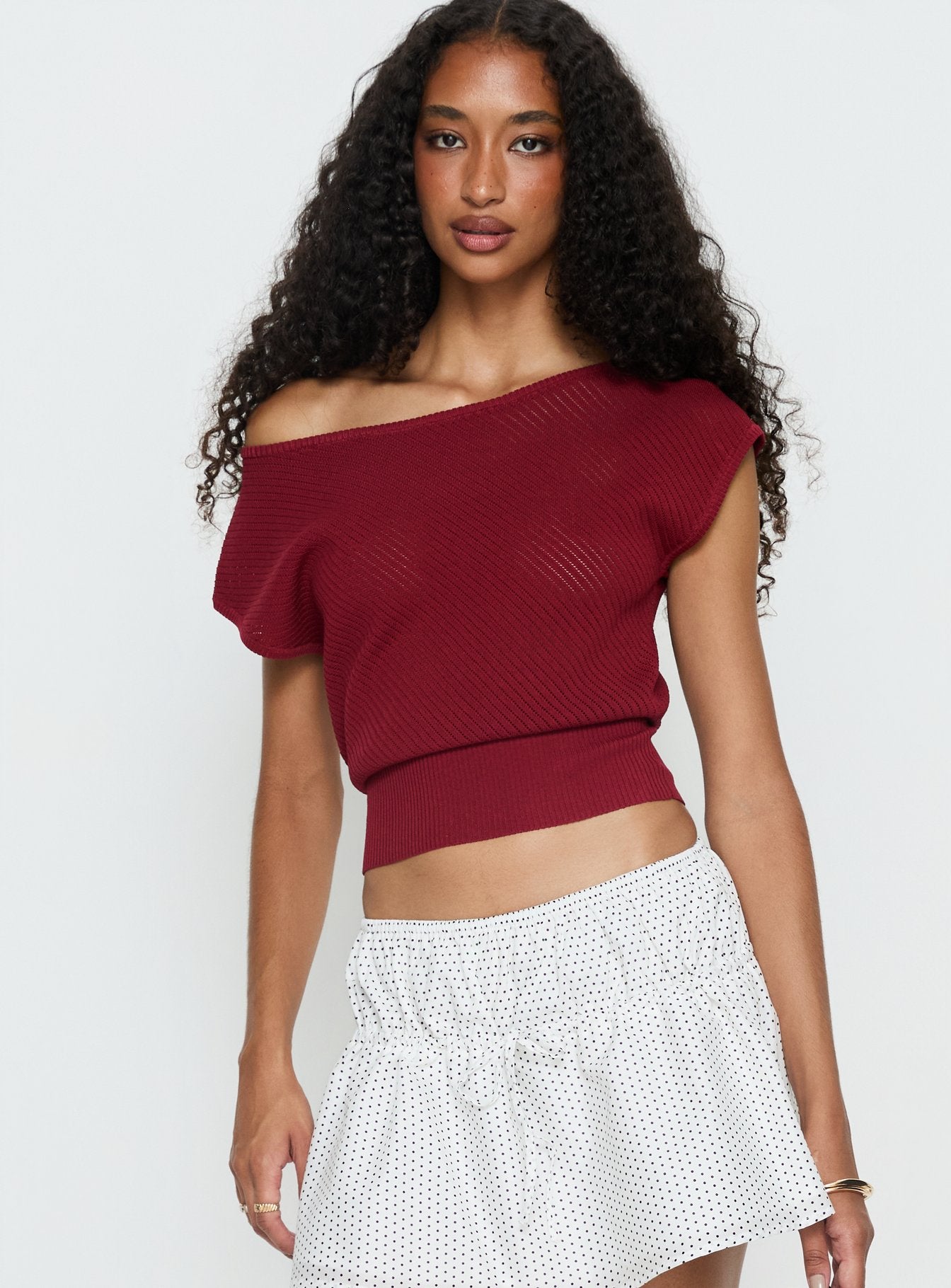 Cloud Tempo Boat Neck Cinched Knit Top Wine | Princess Polly