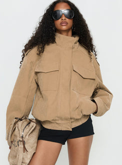 Double Life Funnel Neck Cargo Jacket Beige Petite