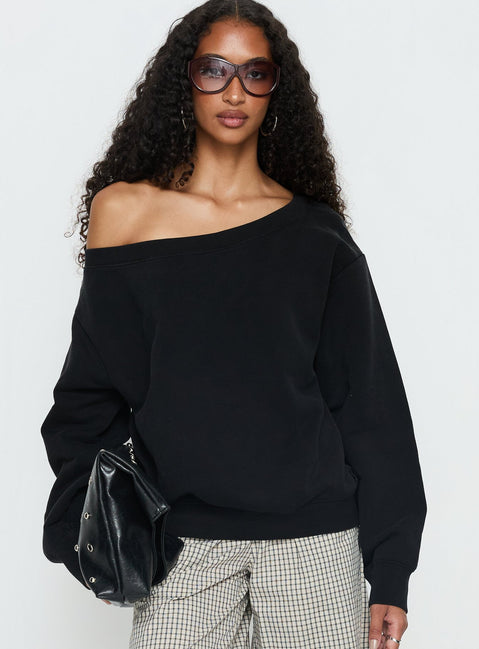 front view of model wearing Princess Polly Wellness Off the Shoulder Jumper Washed Black Longline Jumpers 