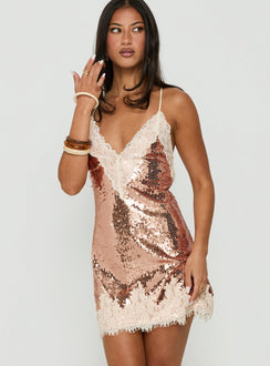 Call My Lover Lace Slip Mini Dress Gold Sequin