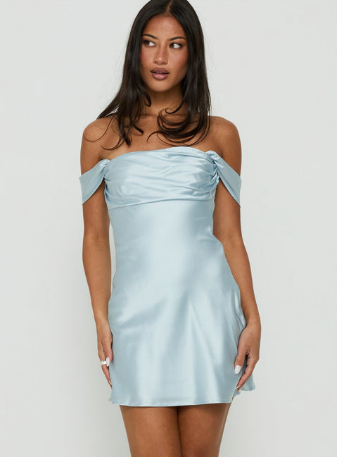 Zabbarra Satin Off The Shoulder Mini Dress Blue