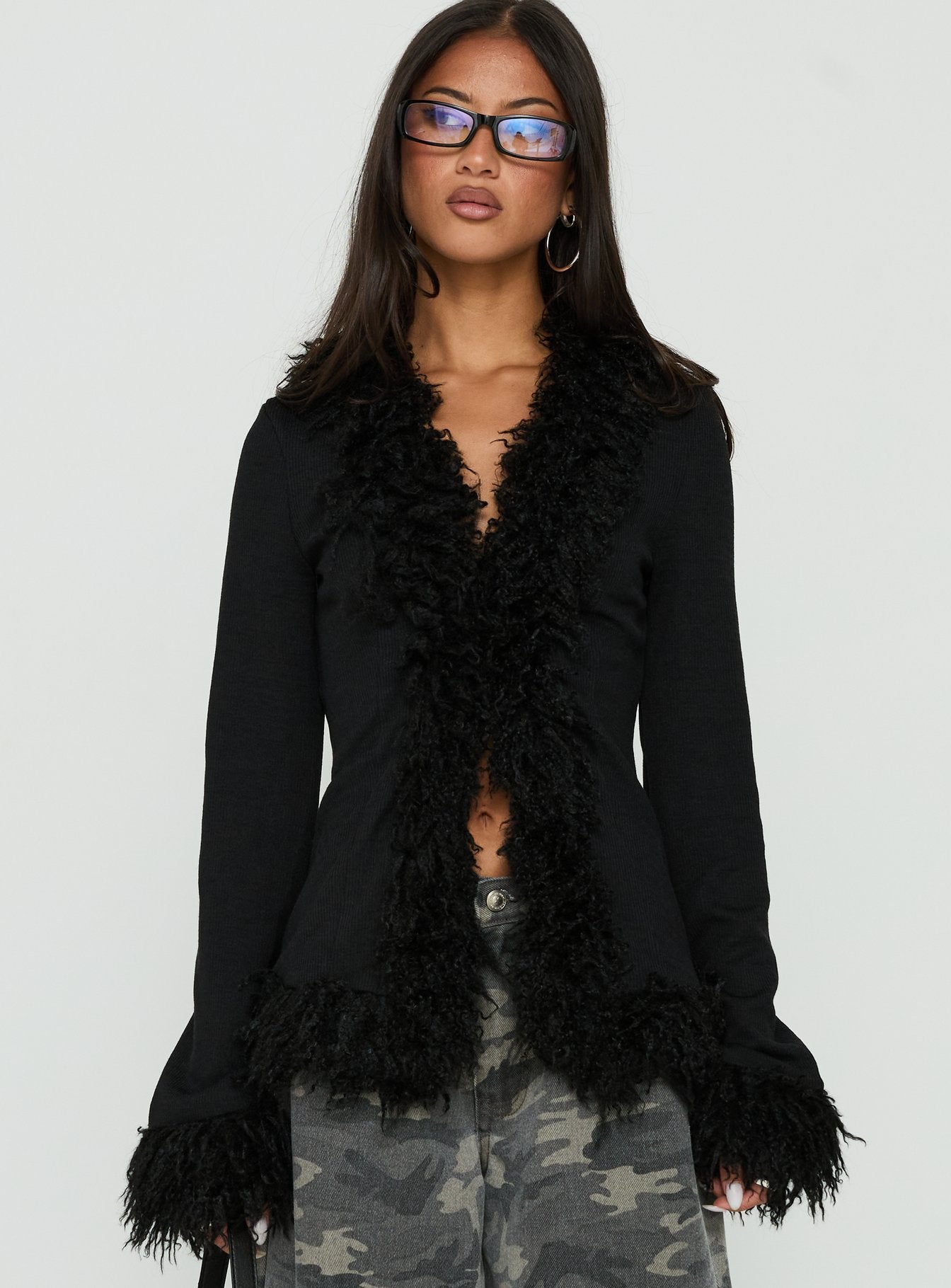 Brynlie Faux Fur Trim Boxy Cardigan Black